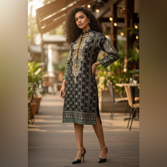 Elegant Black and Gold Women's Dress - Picture 2 of 12